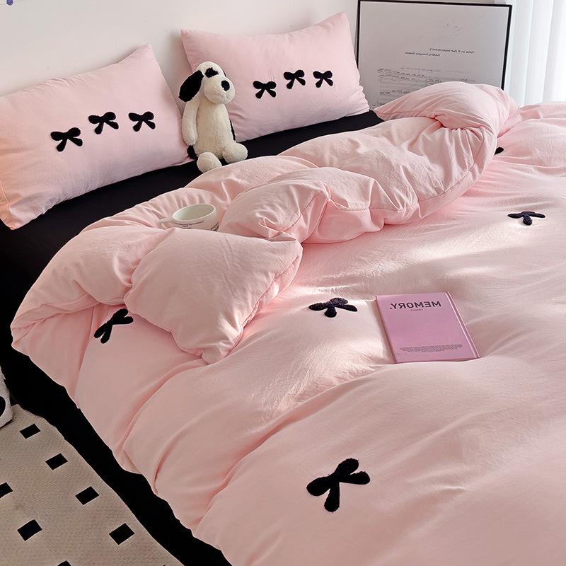 Комплект из четырех предметов из стираного хлопка, комплект из трех предметов для спальни с бантом, простыня, пододеяльник, принадлежности