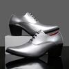 2024 Silvery High Heels Men Dress Shoes Luxury Height Increasing Comfortable Wedding Shoes Pointed-Toe Lace-up Leather Shoes Man