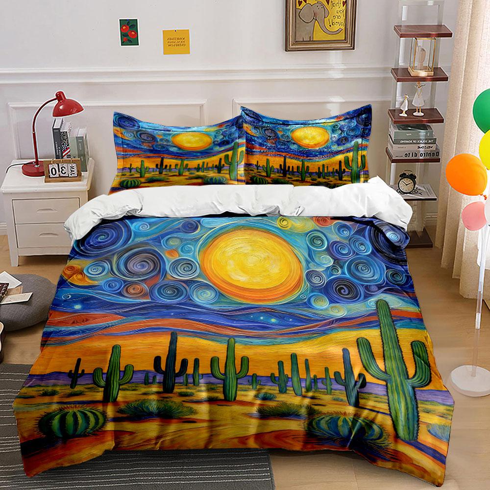 Cactus, swirling sky, sun. Bedding sets Duvet cover sets Duvet covers Pillowcases(1 * Duvet Cover 2 * Pillowcases without duvet insert)
