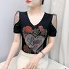 Уличная одежда Девушка Шик Летняя футболка Мода Сексуальная Приталенная Женская Цветок Сердце Топы Блестящие Розы Горячие Бриллианты Дизайн Футболки