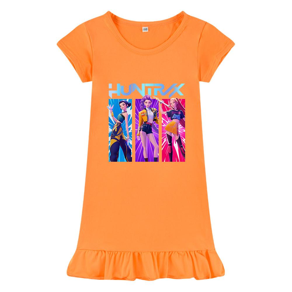 M1221 Kids Girls Kpop Rumi Zoey Mira Print Short Sleeves Ruffle Dress