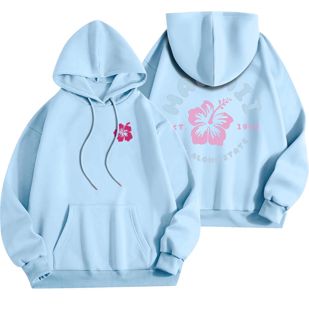 Women's Fashion Lightweight Long Sleeve Pullover With Pockets Flowers Print Hoodie