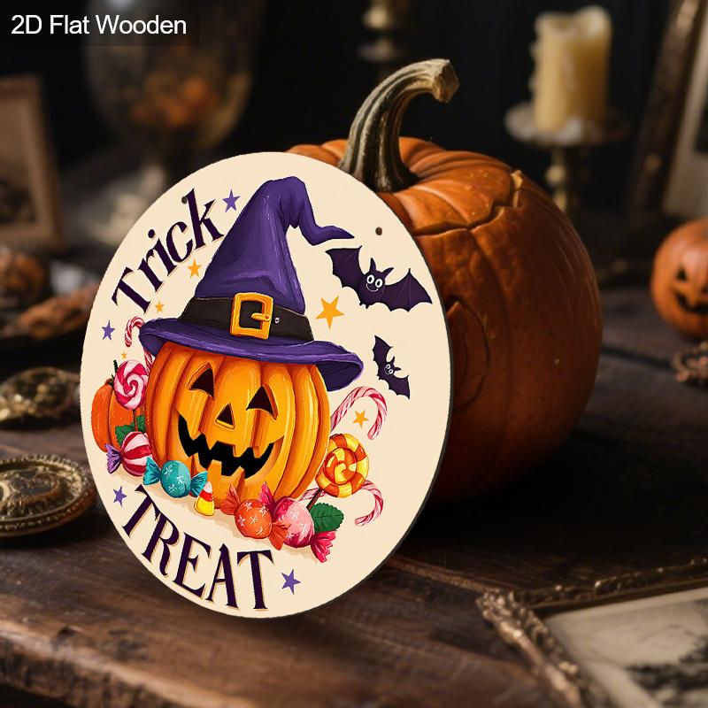 Halloween Wooden Sign with Wizard Pumpkin Pattern - Unique Figurine Ornaments with Trick or Treat - Ideal for Front Door, Farm, Porch Decor