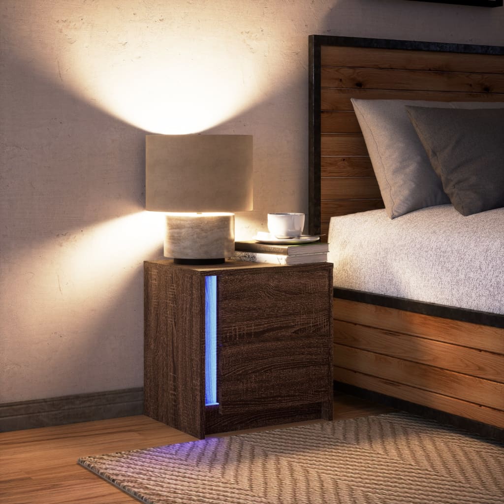 Nightstand with LED Lights Brown Oak Effect Wood Based Material