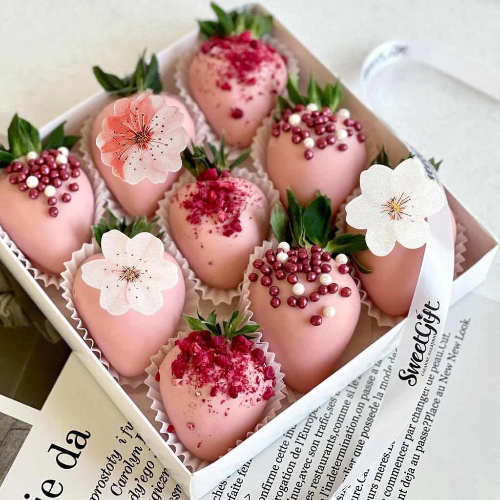 50pcs Edible Cherry Blossom Cake Toppers, Wafer Paper Flower Decorations for Cupcakes, Wedding, Birthday, and Party Cakes