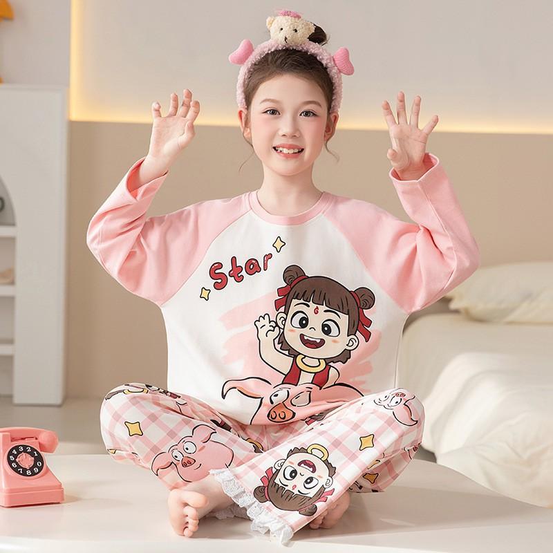 Girls Thin Cotton Cartoon Long Sleeve Homewear Set Kids Pajamas