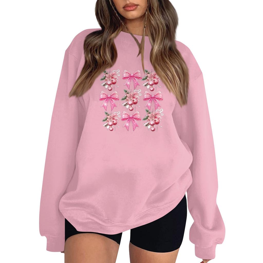 Women's Fashion Long Sleeve Loose Bowknot Printed Round Neck Sweatshirt