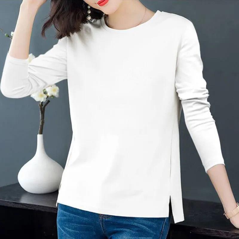 Spring Colorful Butterfly Print T-Shirts Long Sleeves Bottoming Shirts Women Cotton Pullover Casual Slit Shirt