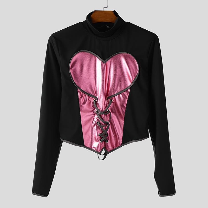 INCERUN Мужские топы и футболки с высоким воротником, длинным рукавом, бандажным дизайном, ПУ-вставками, в стиле кэжуал, укороченные