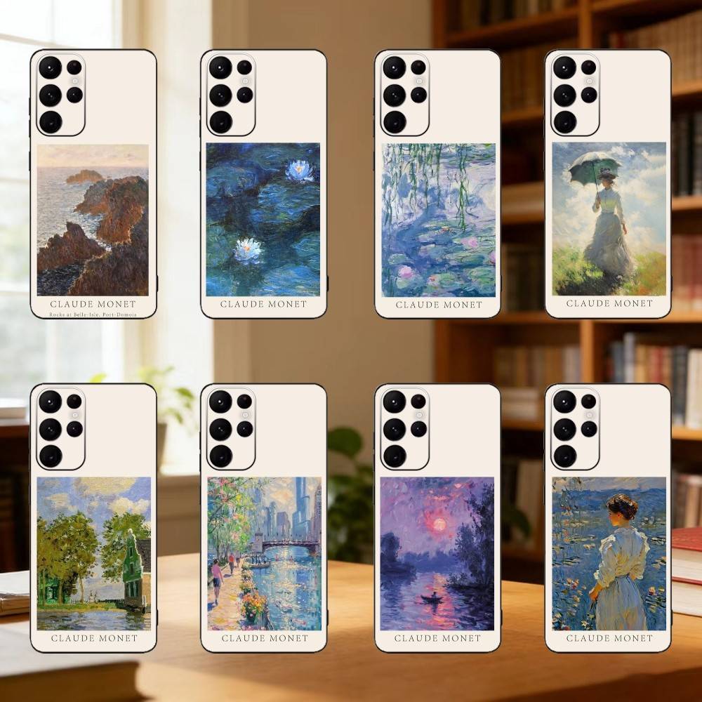 Чехол для телефона Claude Monet Ins Fishion для Samsung S25,24,23,22,30,21,10,9,Ultra,Plus,Lite Мягкий черный чехол