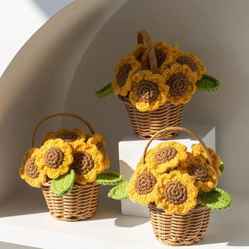 Creative Knitted Sunflowers Hand-knitted Flower Woven Rattan Potted Wedding Ornament Office Desktop Decor Graduation Flower