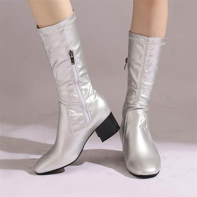 FOREADA Женские ботинки до середины икры из искусственной кожи, с круглым носком, на массивном среднем каблуке, на молнии, лаконичные, модные женские туфли, осень-зима, черные, серебристые, 46