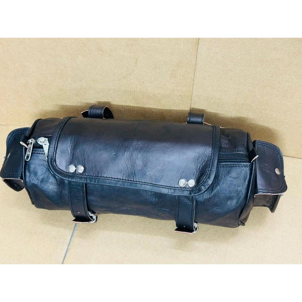 Tool Bag Motorcycle Leather Pouch Goat Strap Buckle Closure Roll Saddle Luggage