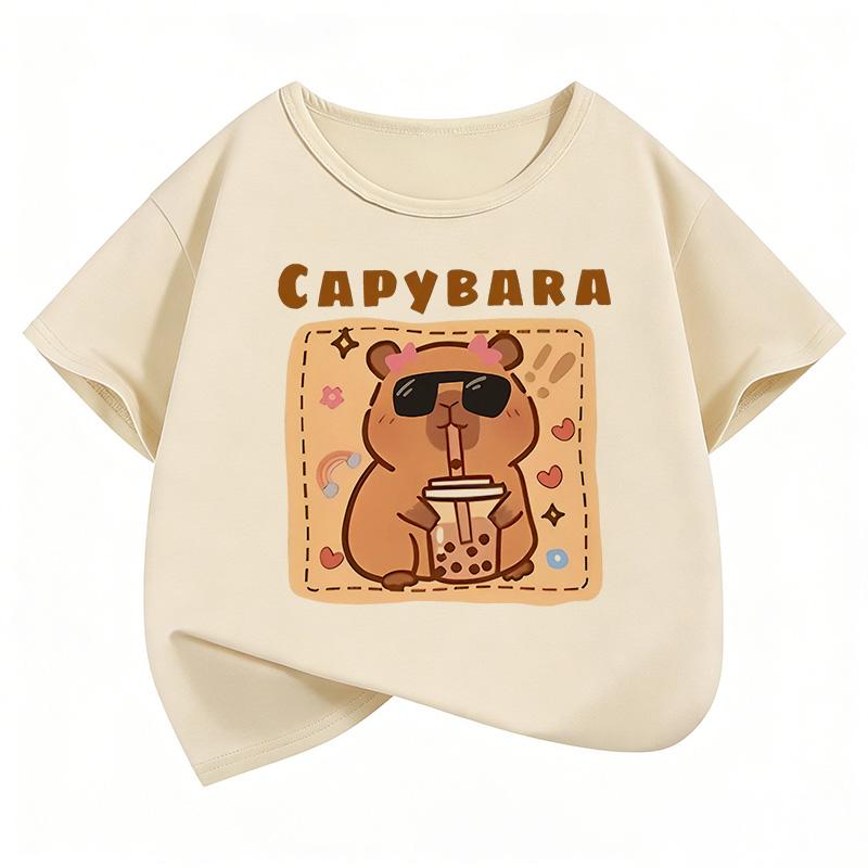Funny Capybara Drinking Juice Design T Shirts Manga Kids Children's T-shirt Boys Girls Summer Spring Casual Top Tee