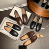 New One-pedal Leather Loafers Women's Round Head Low Heel Large Size Single Shoes Women's Thick-soled Non-slip Foot Cover Cowhide Women's Shoes