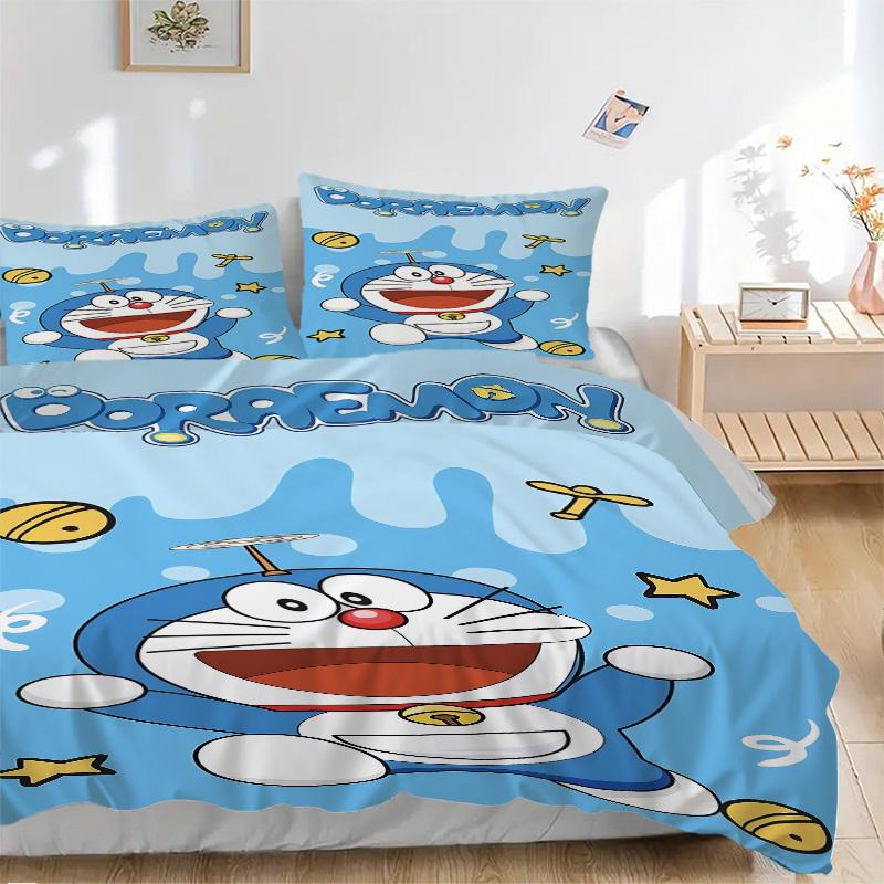 Doraemon'S Joyful Adventure Print 3Pcs Bedding Setduvet Cover With 2 Bedropillowcase Home Birthday Gift