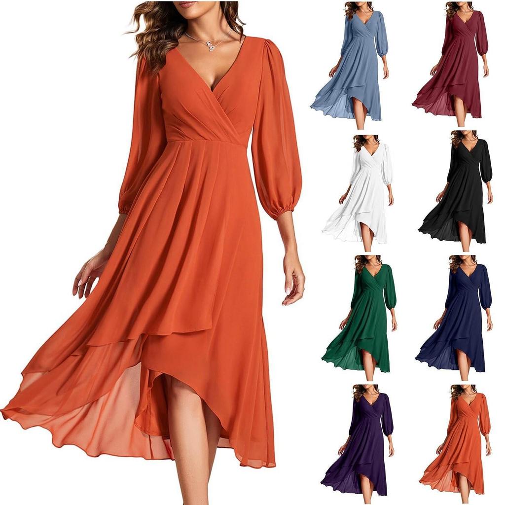 Women's Fashion V-Neck Long Sleeve Loose Slim Evening Casual Chiffon Dresses