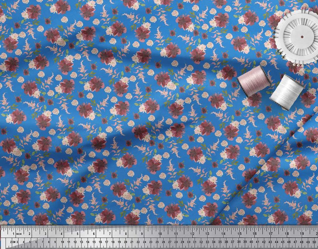 Soimoi Blue Poly Crepe Fabric Leaves & Chrysanthemum Floral Printed Fabric 1 metre 42 Inch