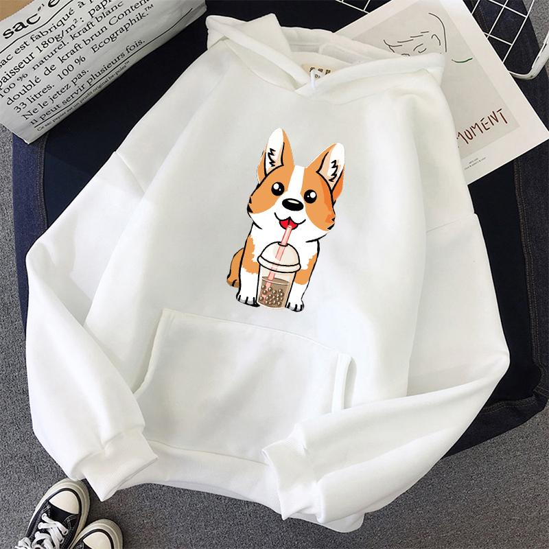 Milk Tea Cup Corgi Fashion Унисекс Толстовки Весна Осень Мужские Повседневные Толстовки Толстовки Студенческие Базовые Толстовки Свитшоты Топы