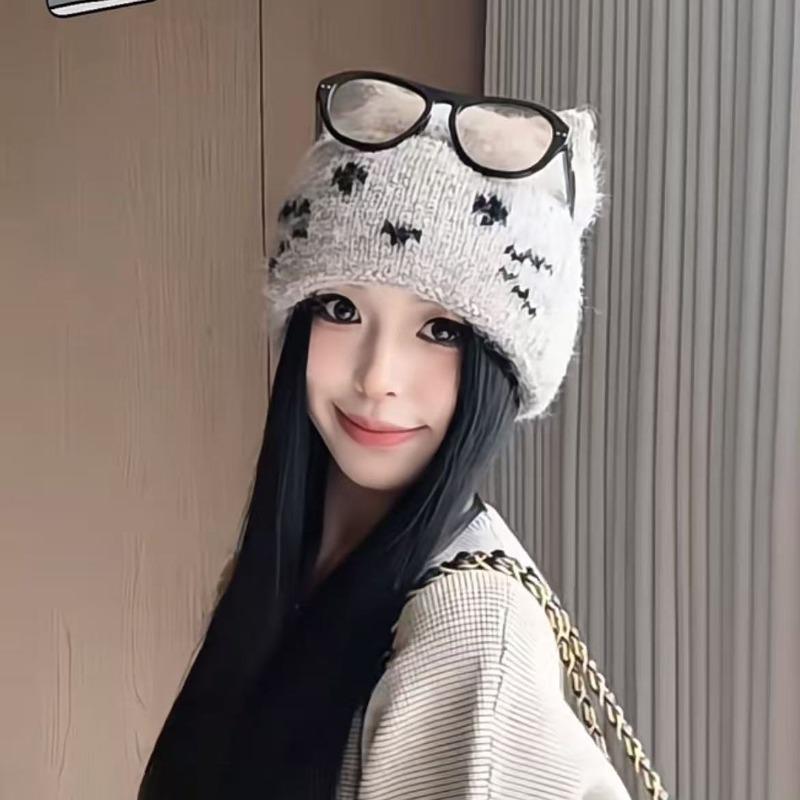 Korean cat ears cute knitted hat women's autumn and winter cold and warm ear protection wool hat sweet versatile bald hat