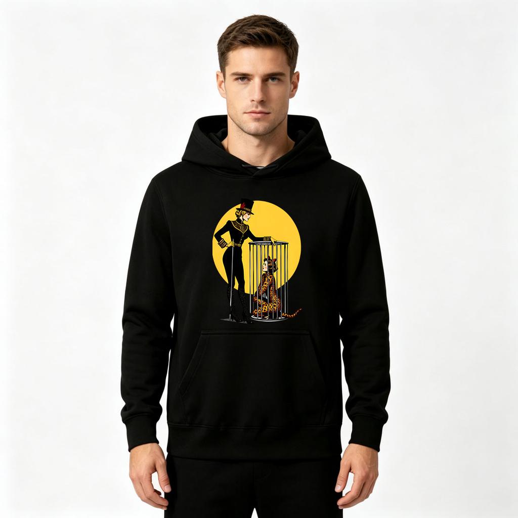 Men's Hoodie, Vintage Circus Tamer Caged Leopard Woman Print Pullover Casual Long Sleeve Hooded Sweatshirt