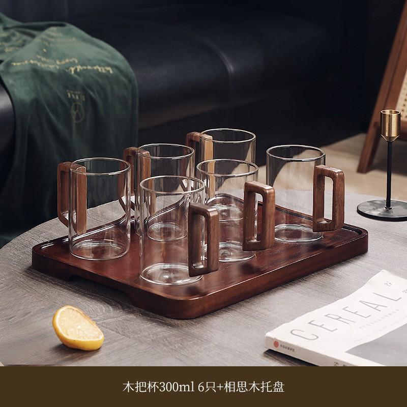 Heat-Resistant Glass Tea Cup Set With Wooden Handle Home Living Room Serving Guest Drinking