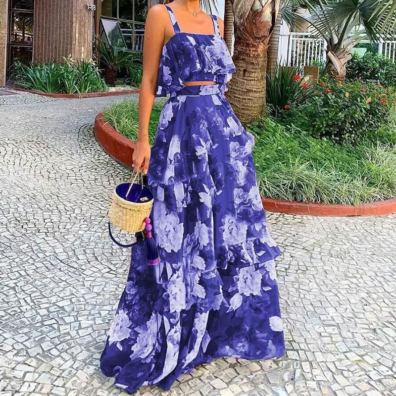 Womens 2-Piece Set: Floral Print Sleeveless Top Flowy Maxi Skirt 4-Way Stretch Retro Chic Outfit