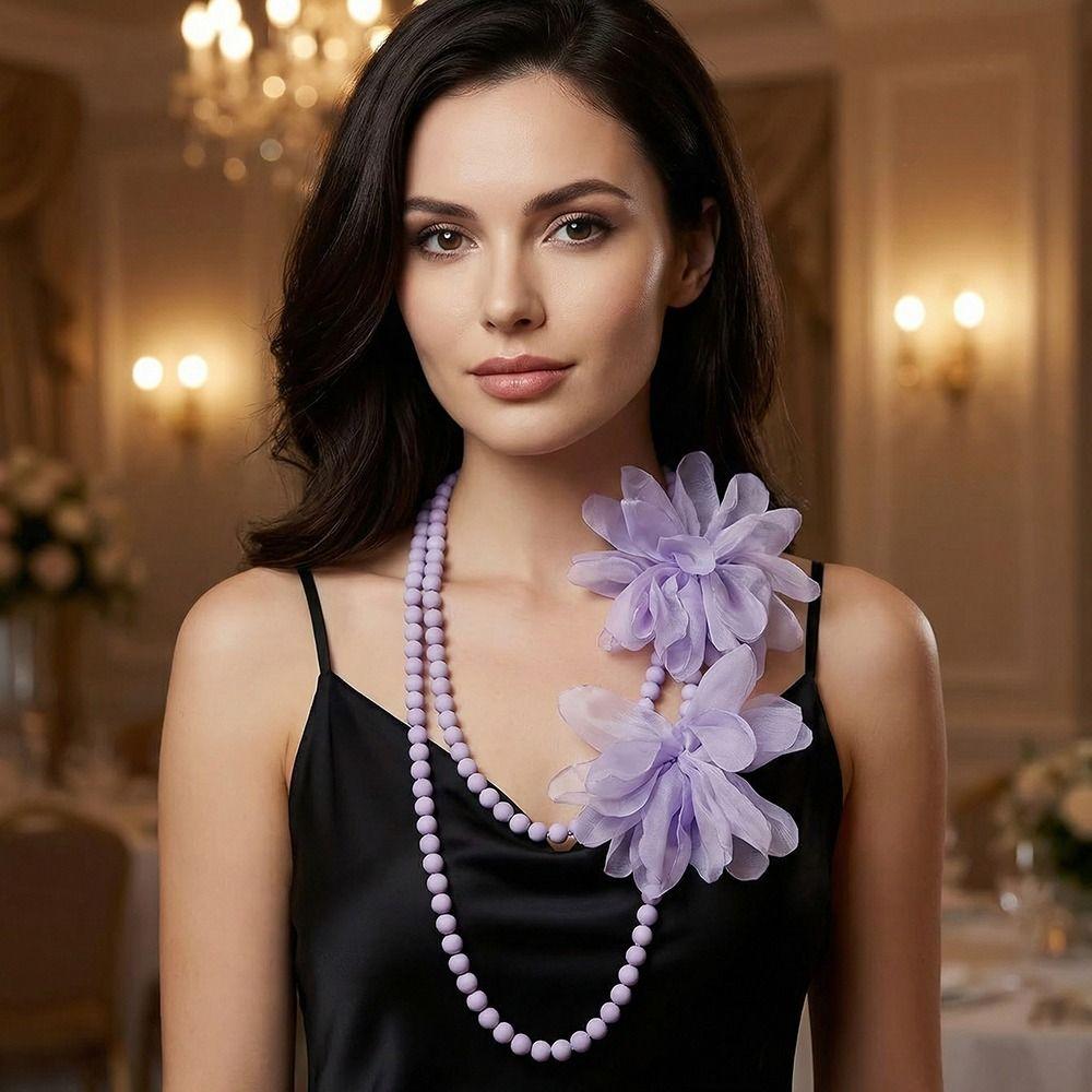Flower Designing Long Necklace Elegant Style Belly Jewelry Pearls Accent Necklace  Daily Accessory