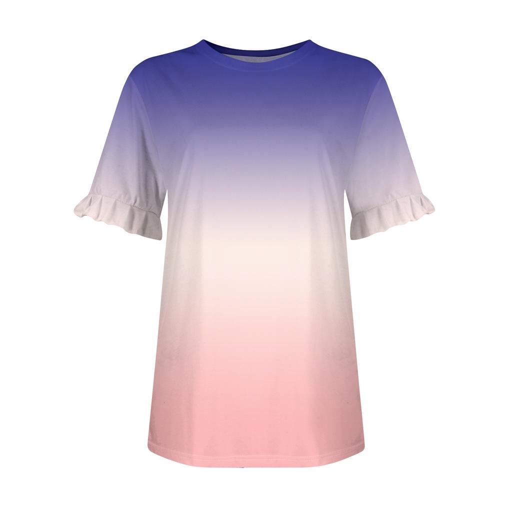 Женская летняя футболка с коротким рукавом и рюшами с принтом и круглым вырезом