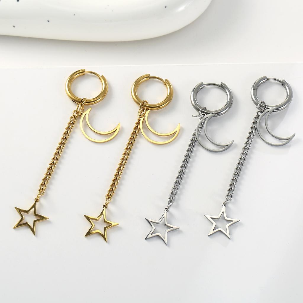 Stainless Steel Moon Star Pendant Earrings for Women Ear Buckle Hip Hop Hoop Earrings Gothic Girl Jewelry Accessories Best Gifts