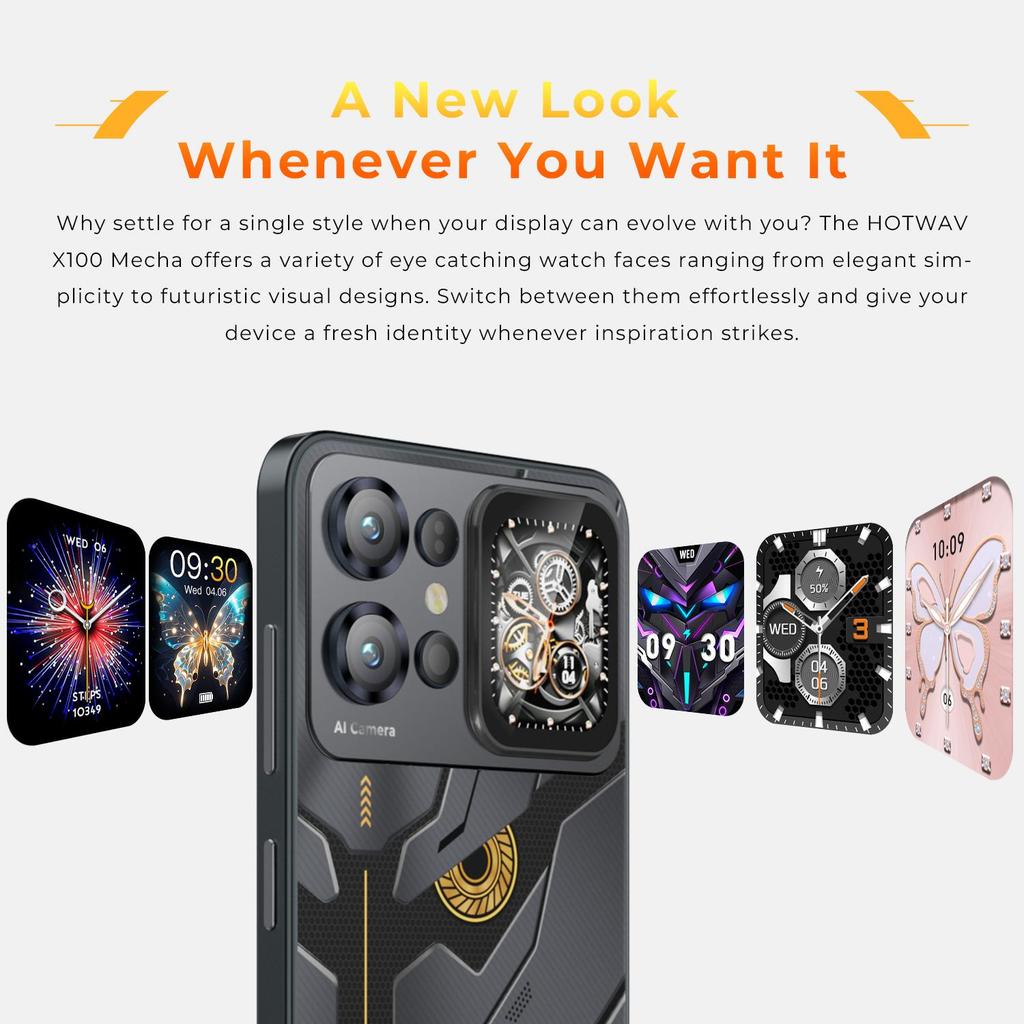 HOTWAV 4G-смартфон X100 Mecha, 6,75" FHD+, 16 ГБ + 128 ГБ, Android 16, Тонкий и легкий корпус, Второй экран, Две SIM-карты, Разблокировка по лицу/отпечатку пальца
