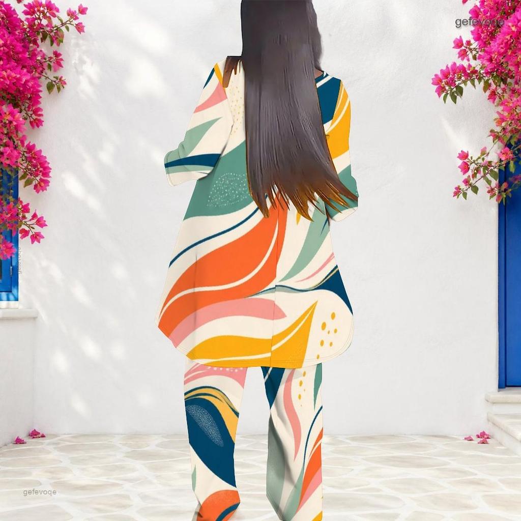 Women Plus Size Round Neck Printed Long Sleeve Layered Top Long Pants Two Piece Set