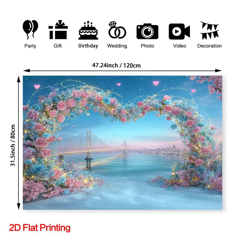 2D Flat Printing Fantasy Cityscape Floral Backdrop with Lights