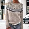 Women Sweater O-Neck Long Sleeve Geometric Pattern Patchwork Color Knitting Tops Loose Fit Crochet Tops