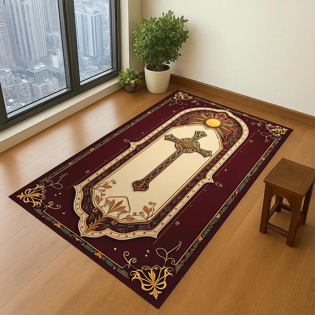Christian Prayer Rug Non-slip Celtic Cross Print Floor Mat Catholic Religious Meditation Carpet Vintage Church Home Decor