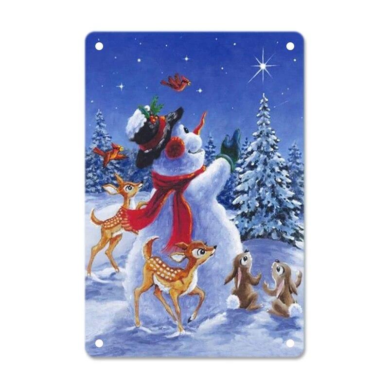 Merry Christmas Posters Tin Sign Cute Snowman and Santa Claus Metal Plaque Wall Art Decor Christmas Gift