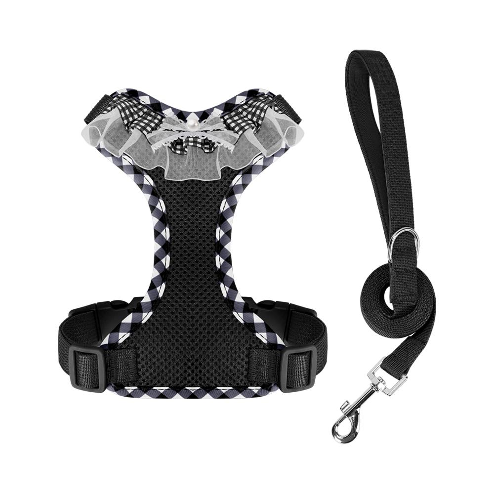 Lace Dog Harness and Leash Set Puppy Walking Elegant No Pull Cute Breathable Mesh Bow Small Dog Harness Vest Adjustable Outdoor