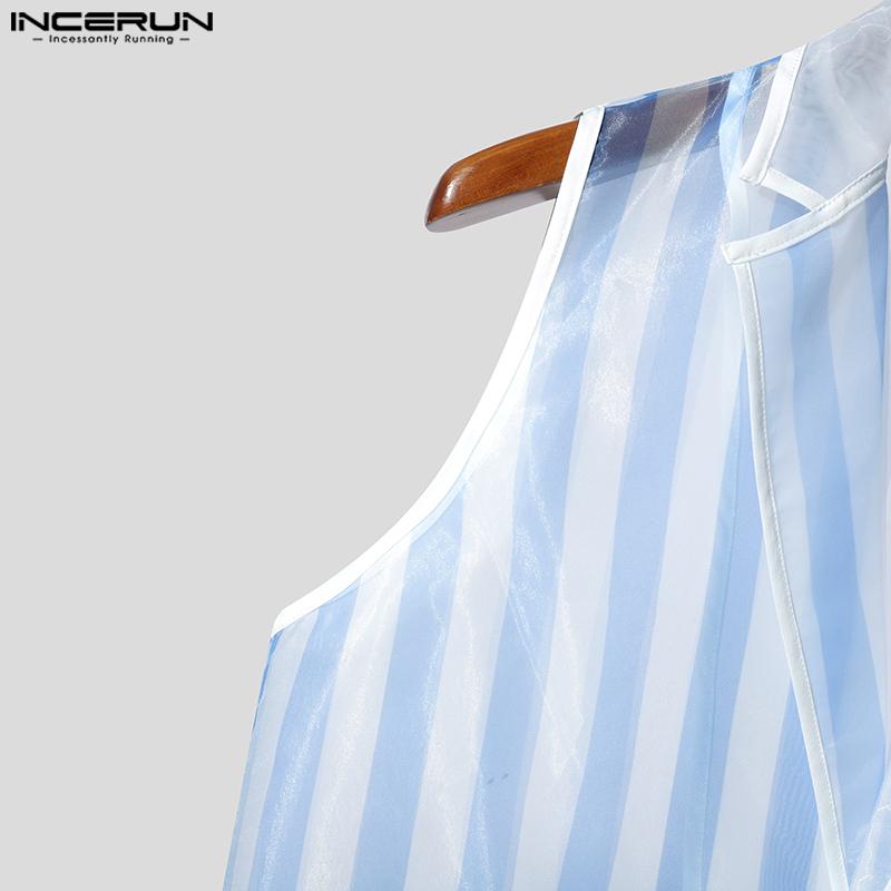 INCERUN Men Lapel Sleeveless Buttons Striped Transparent Mesh Sheer Waistcoats