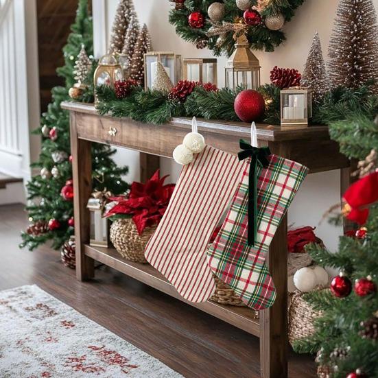 Christmas Stockings With Hanger Bowknot Plush Balls Decor Striped Print Candy Holder