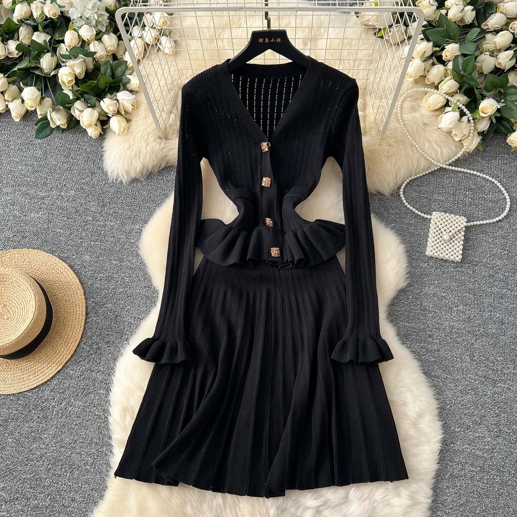 Элегантные вязанные винтажные шикарные платья с V-образным вырезом и длинными рукавами, облегающие платья для офисных леди во французском стиле, одежда для улицы, осень-зима