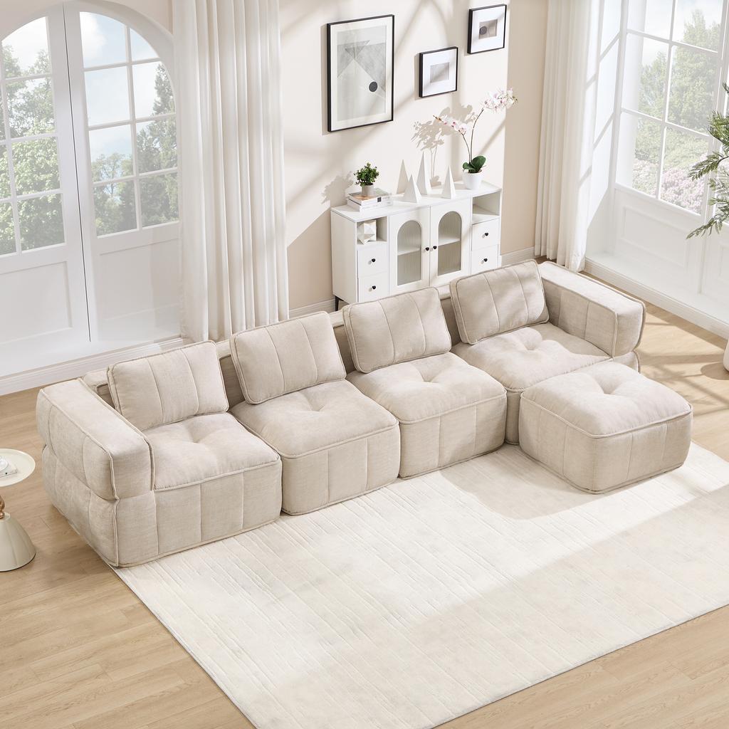 4-Seater L-Shaped Frameless Modular Sofa with One Stool, Filled 32D High-Density Foam, Deep Seat Cushion, Soft Fabric, Ideal for Living Room, Beige.