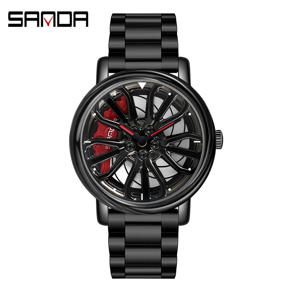 SANDA Luxury Fashion Sell Men's Watches 360 Degree Rotating Wheel Rim Dial Leather Strap Waterproof Sport Quartz Watch Cool