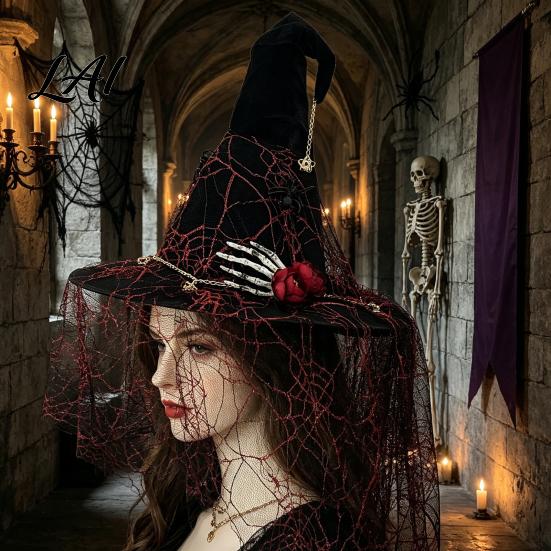 Unique Holiday Party Decor Punk Skeleton Hand Witch Hat with Spider And Veil Black Large Indoor Outdoor Festive Wizard Costume Accessory for Adults,