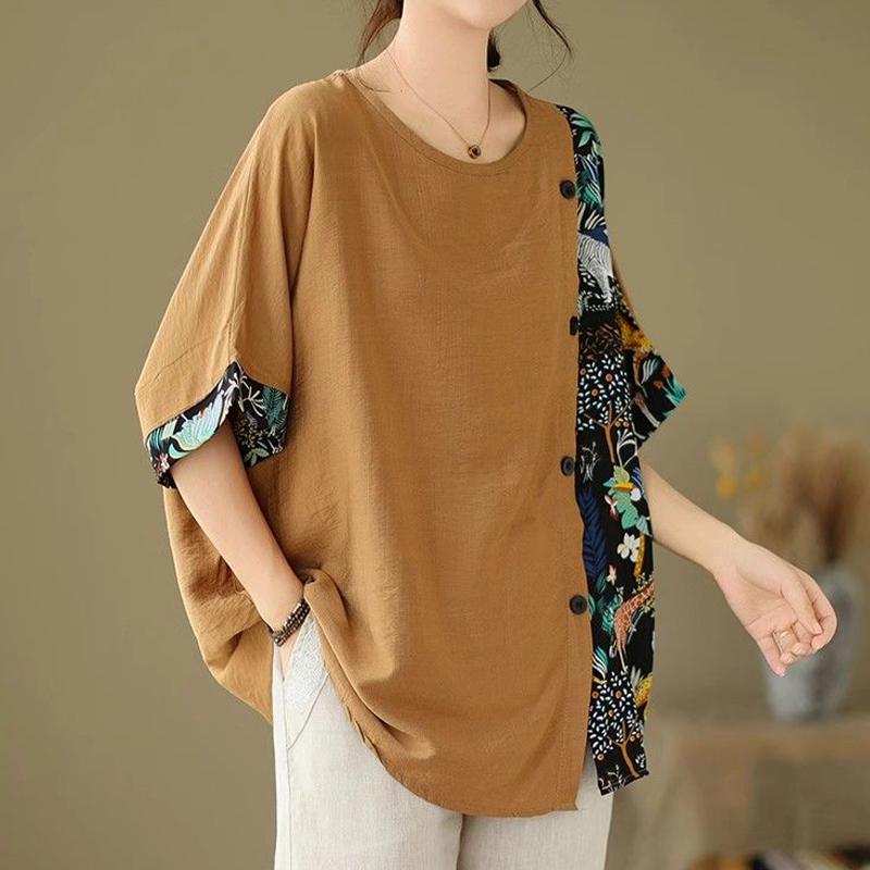Дизайнерская футболка с короткими рукавами из хлопка и льна, женская летняя свободная, закрывающая живот и тонкий верх, летний топ с коротким рукавом