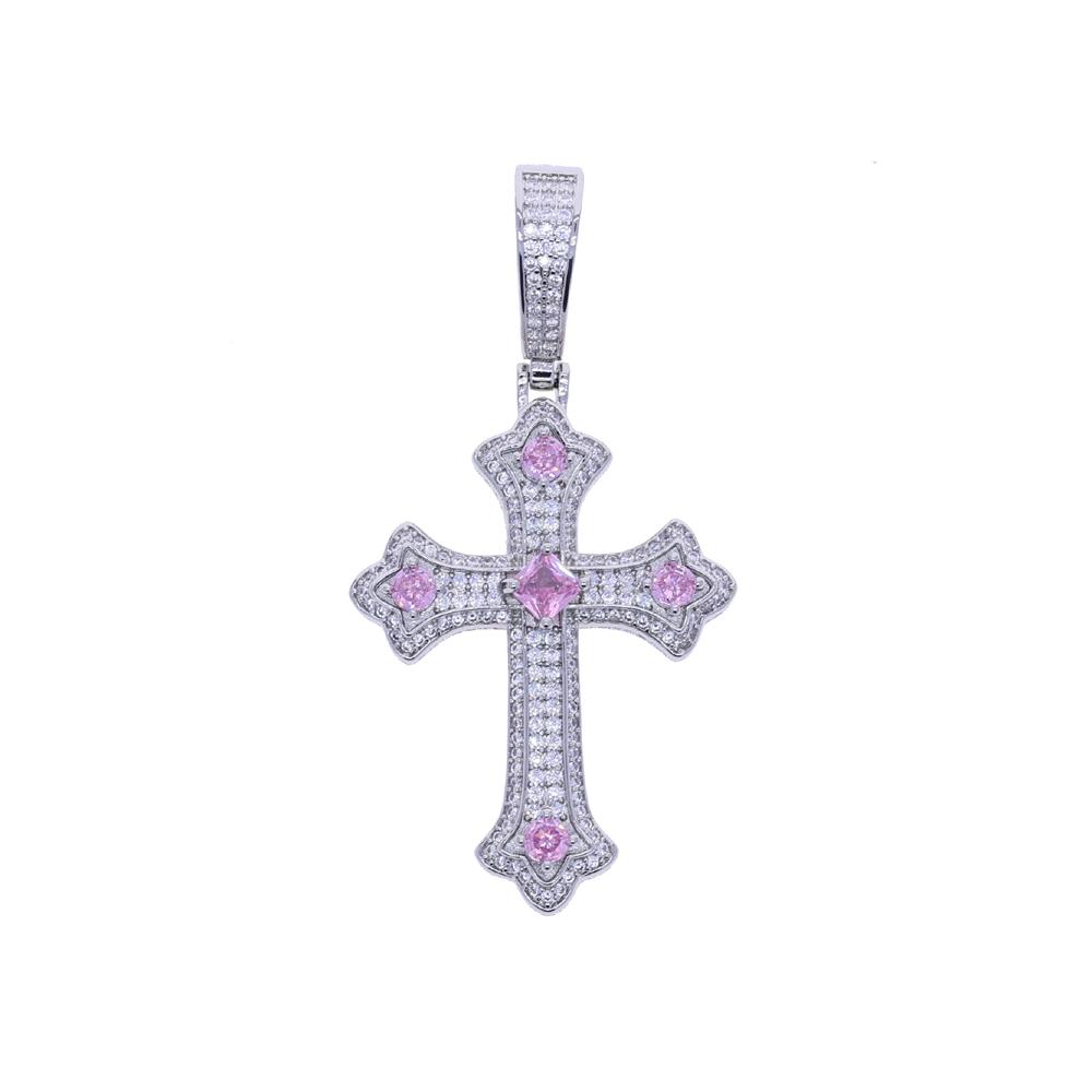 Fashion Design Two Tone Cross Pendant Men Hip Hop Necklace Full Paved Iced Out Cubic Zirconia Geometric Pink Blue Purple Cross