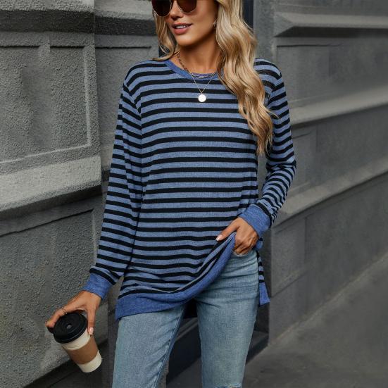 Женские топы с круглым вырезом, длинными рукавами, полосатым принтом, футболка с боковыми разрезами, средней длины, свободный крой, эластичная футболка