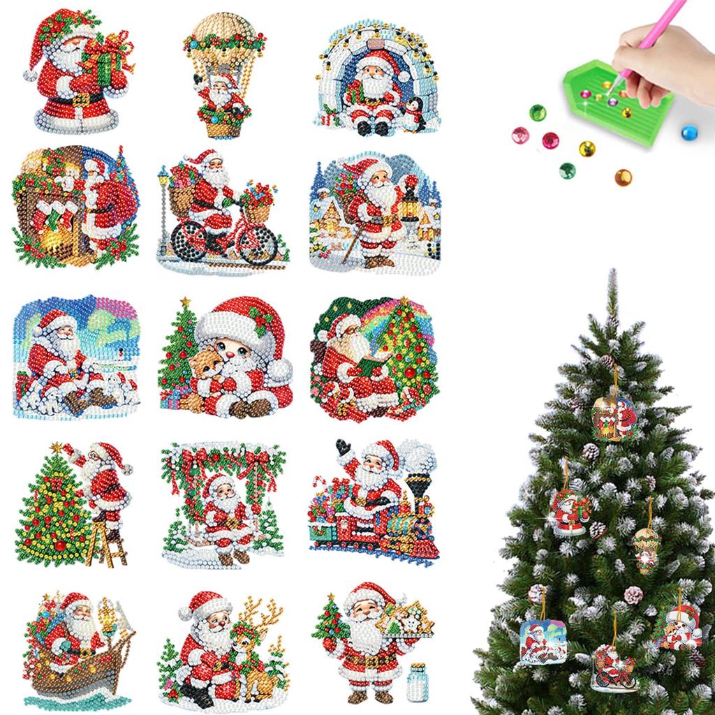 15pcs Xmas Theme 2D Flat DIY Hanging Diamond Art Kits Double Sided Drill Diamond Art Pendant Window Hanging Art for Home Decor