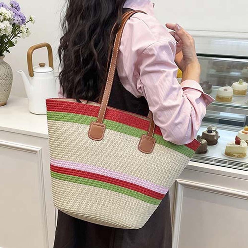 Large Capacity Shopping Straw Bag Polyester Summer Beach Handbag Stripe Woven Tote Bag Female