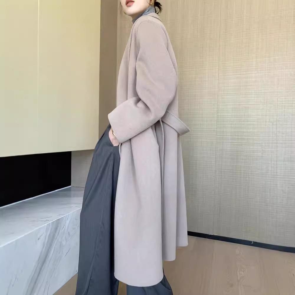 Women's Double-Faced Wool Overcoat with Tie Waist - Extra Long Lapel, Autumn/Winter.