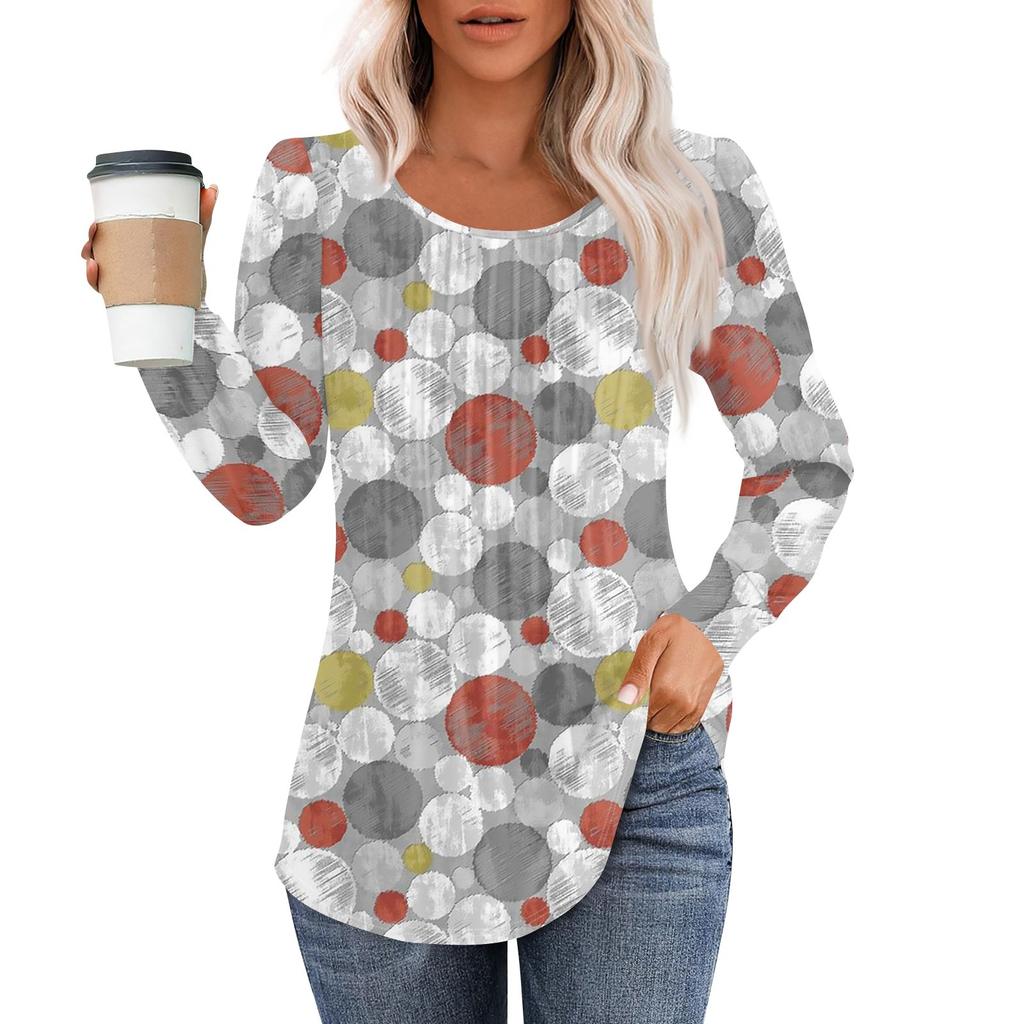 Рубашки с длинным рукавом для женщин, топы, нарядные повседневные блузки, плиссированные топы-туники с круглым вырезом